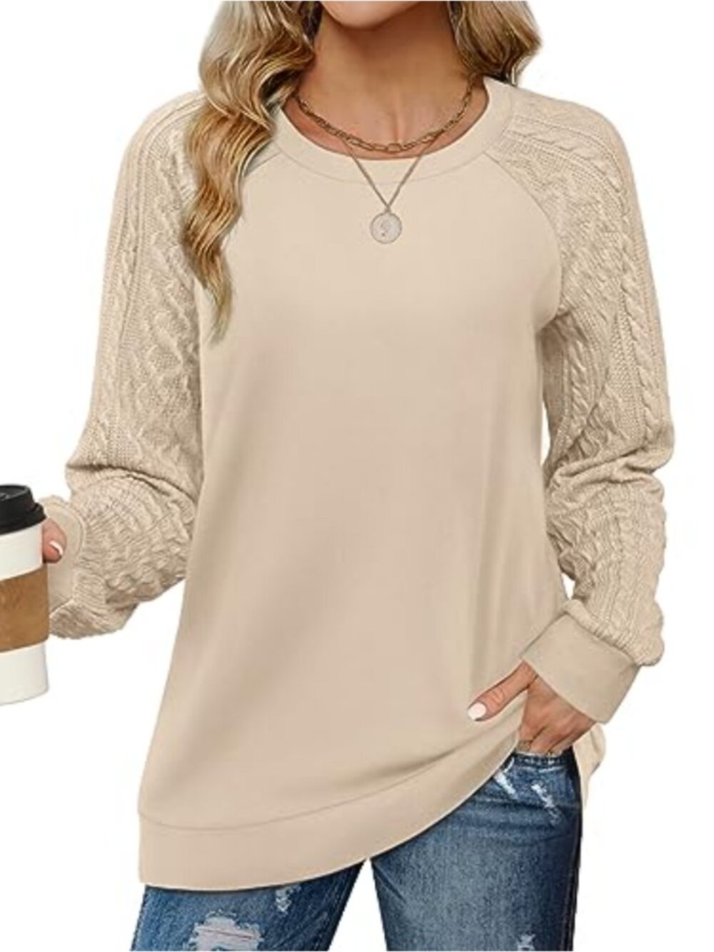 Women's Crew Neck Color Block Sweatshirt Long Sleeve Tunic with Kangaroo Pocket